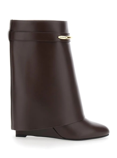 Botine Brown Wedge Heel Ankle Boots with Logo Plate on the Side in Leather for Women