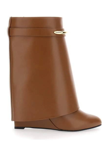 Botine Wedge Heel Ankle Boots with Logo Plate on the Side in Brown Leather for Women