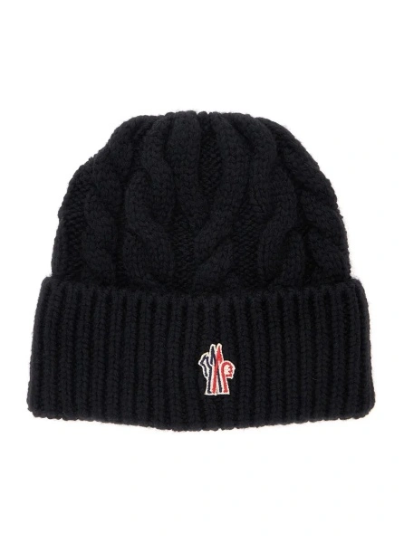 Caciula Black Beanie with logo patch on the front and cable-knit design in wool blend for women
