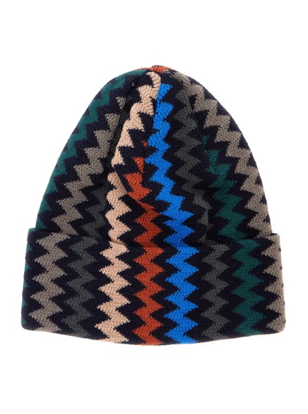 Caciula Black beanie with turn-up brim ZigZag motif in wool blend for men
