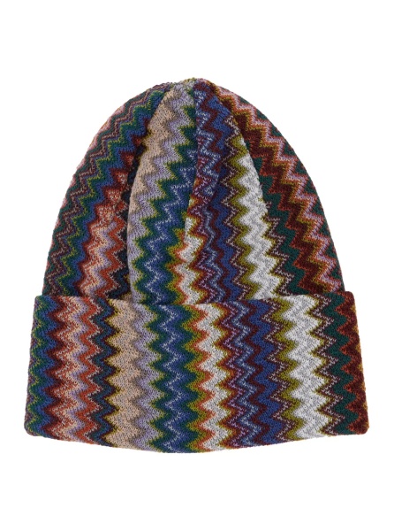 Caciula Multicolor Beanie with Brim and ZigZag Motif in Wool Blend for Men