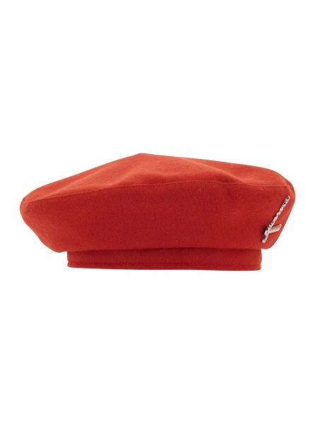 Caciula Red Beanie with Flat Crown and Logo Plate on the Side in Wool Woman