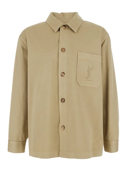 Camasa Beige Shirt with Classic Collar and Cassandre Embroidery on the Front in Cotton for Men