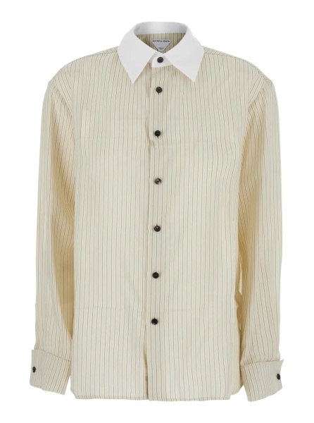 Camasa beige Shirt with pointed collar and all-over stripes in viscose blend for women