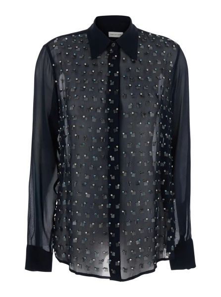 Camasa Blue Shirt with Pointed Collar and All-Over Crystal Application in Viscose Woman