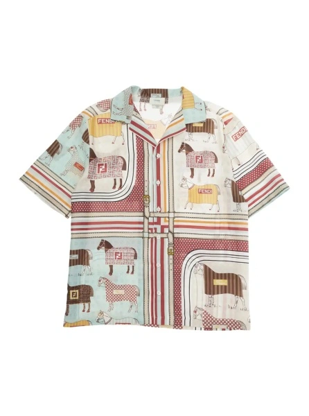 Camasa Fendi' Multicolor Bowling Shirt with Cuban Collar and All-Over Horse Print in Cotton and Silk Boy