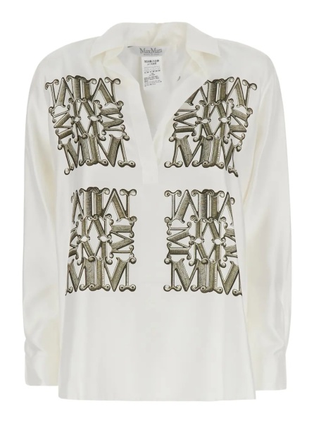 Camasa 'Filtro' White Shirt with classic collar and all-over logo print in silk for women