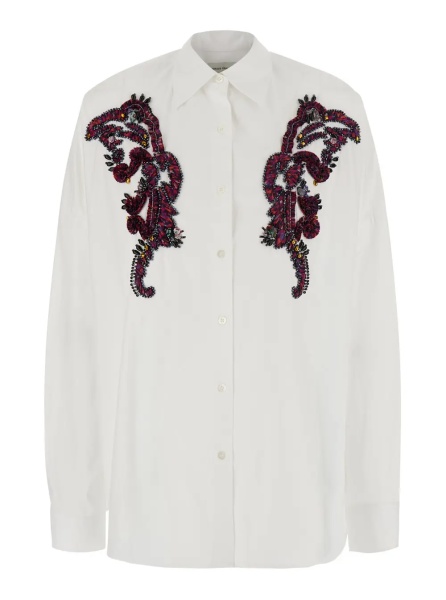 Camasa 'Kasia' White Shirt with classic collar and embroidery on the front in cotton for women