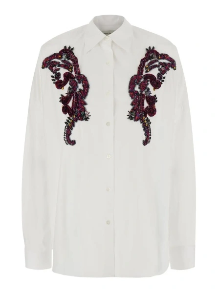 Camasa 'Kasia' White Shirt with classic collar and embroidery on the front in cotton for women
