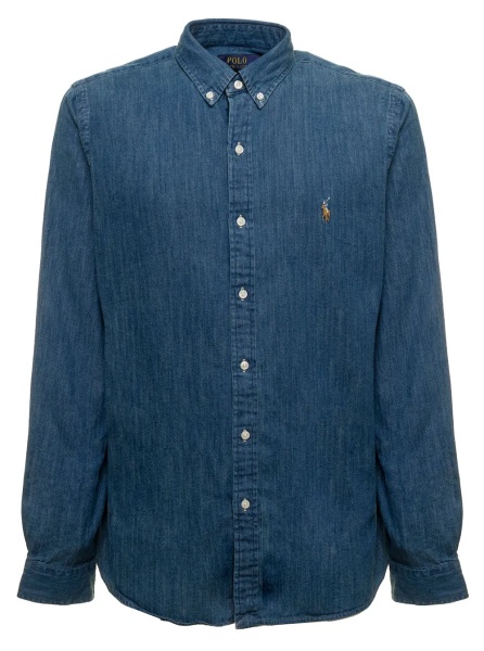 Camasa Shirt "Slim Fit" with Button Down Collar and Pony on the Front in Blue Denim for Men