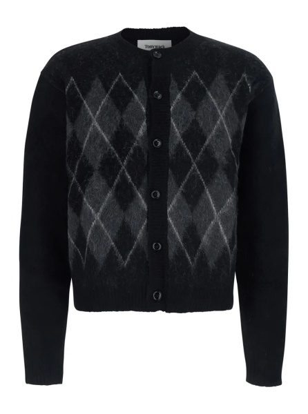 Cardigan BRUSHED ARGYLE CARDIGAN is a V-neck sweater with long sleeves made of Acrylic, Nylon, Alpaca, and Wool in Black for men.