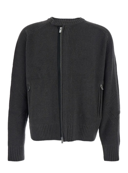 Cardigan Grey Crew Neck Cardigan with Ribbed Design in Wool Man