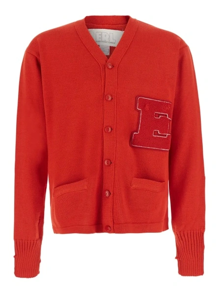 Cardigan UNISEX ERL SCRIPT CARDIGAN KNIT with V-neck and long sleeves. In knit. Color violet. Unisex