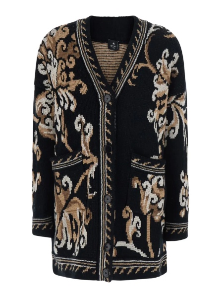 Cardigane Black Cardigan with all-over embroidery and V-neck in wool for women