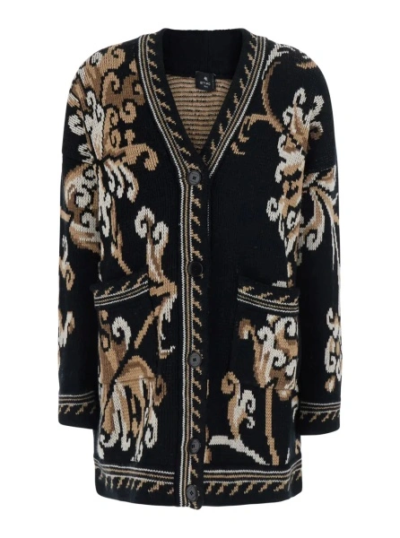 Cardigane Black Cardigan with all-over embroidery and V-neck in wool for women