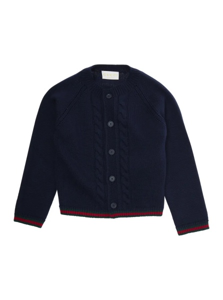Cardigane Blue Cardigan with Intarsia Design and Round Neck in Wool Boy