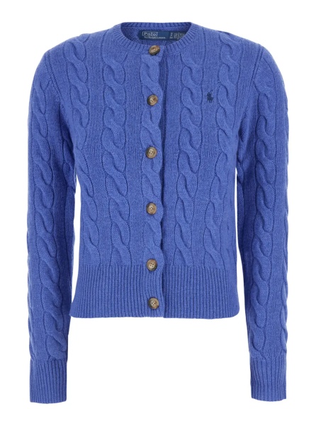Cardigane Blue Crew neck cardigan with cable knit and Pony on the front in wool and cashmere for women