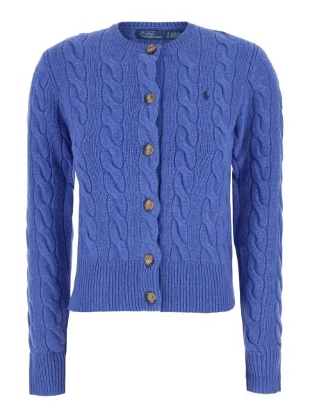 Cardigane Blue Crew neck cardigan with cable knit and Pony on the front in wool and cashmere for women