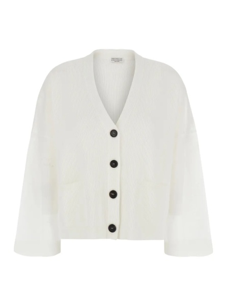 Cardigane White Cardigan with V-neck and ribbed knit in cotton for women