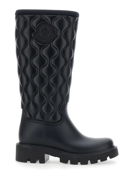 Cizme Black Knee-High Rain Boots with logo patch on the side and quilted design in plastic for women