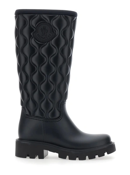 Cizme Black Knee-High Rain Boots with logo patch on the side and quilted design in plastic for women
