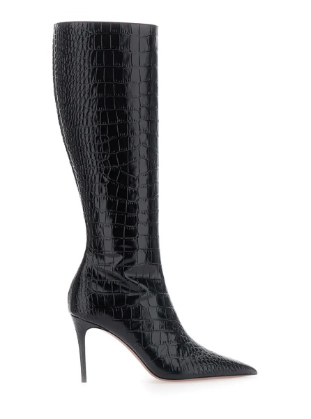 Cizme 'Vera' black Boots with pointed design in crocodile effect leather for women