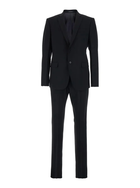 Costum Black Single-Breasted Suit with Notched Revers in Wool Man