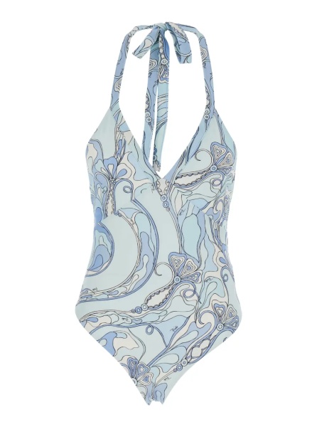 Costum de baie Light Blue Swimsuit with Halterneck Tie Closure and All-Over Orchidea Print in Stretch Tech Fabric for Women