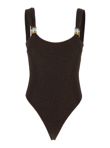 Costum de baie 'Lumiere' Brown One-Piece Swimsuit with Straps with Ring Detail in Tech Fabric Women