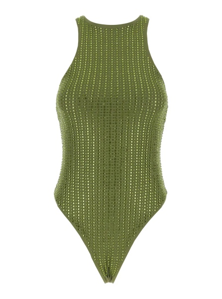 Costum de baie One-Piece Swimsuit with Racerback and Striped Sequins in Green Tech Fabric for Women