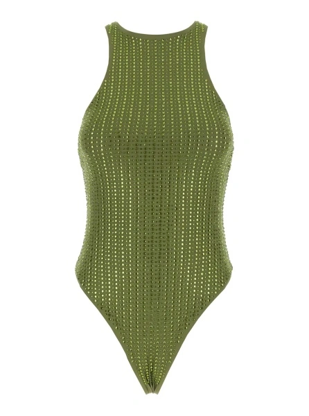 Costum de baie One-Piece Swimsuit with Racerback and Striped Sequins in Green Tech Fabric for Women