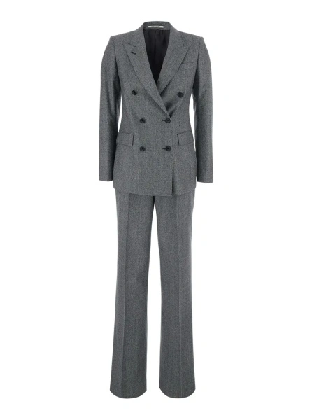 Costum Gray Double-breasted suit with peak revers in wool blend for women