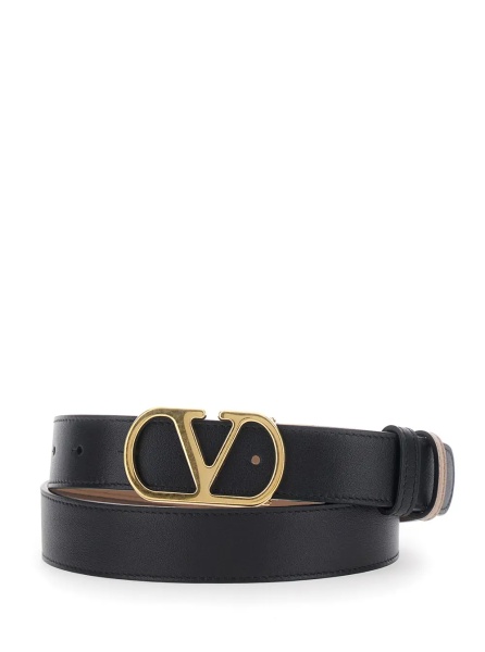 Curea black Reversible belt with VLOGO plaque in leather for women