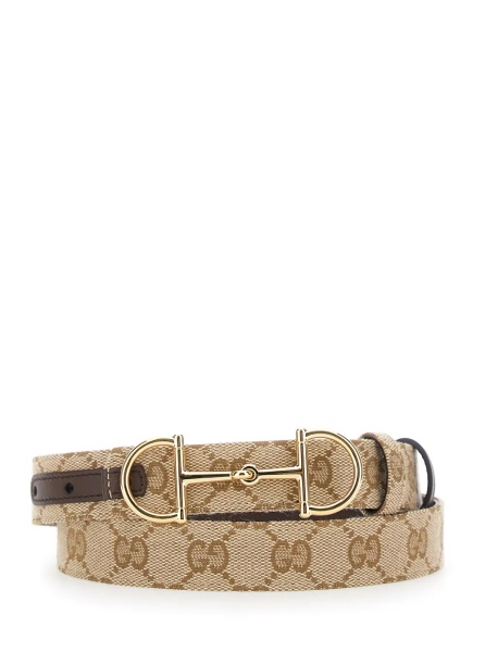 Curea Brown Reversible Belt with Horsebit Buckle in Leather and GG Canvas for Women