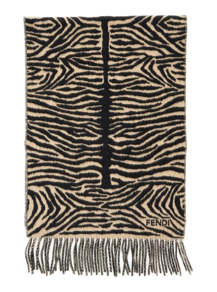 Esarfa Black Scarf with tiger stirpe motif and fringed edge in wool for women