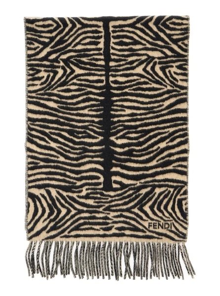 Esarfa Black Scarf with tiger stirpe motif and fringed edge in wool for women