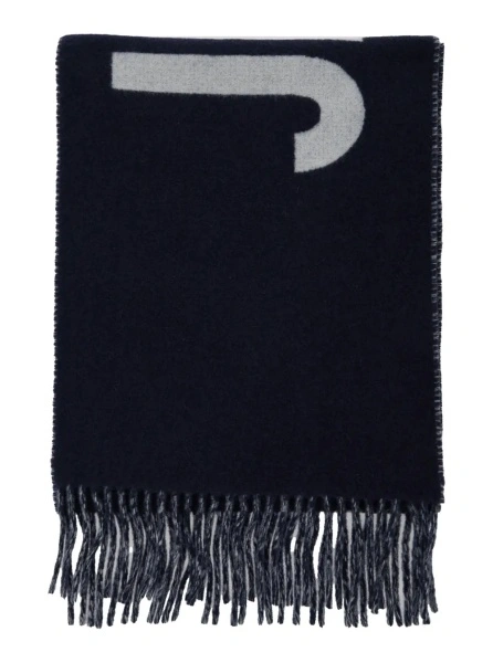Esarfa 'L'Echarpe Jacquemus' Blue Scarf with Maxi Logo Lettering and Fringed Hem in wool Man