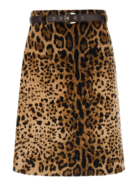Fusta ''Falange' Brown Flared Skir with Front Belt and All-Over Leopard Motif in Velvet for Women