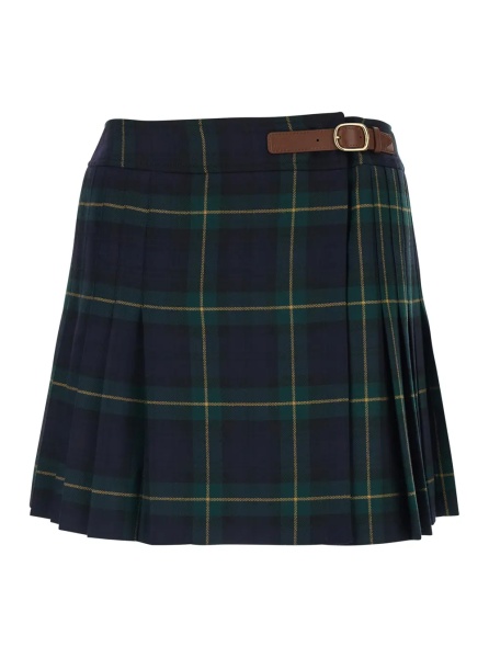 Fusta Green Mini Wrap Skirt with Side Buckle Belt and All-Over Check Motif in Wool Woman