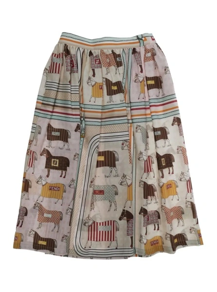 Fusta Skirt with All-Over Horse Print and Logo Lettering Details in Multicolor Cotton and Silk Blend for Girls