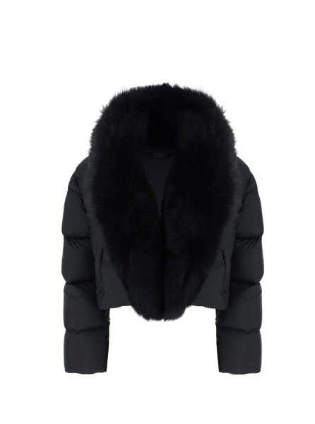 Geaca de Iarna Black Down jacket with applied fur on the front in Tech Fabric women