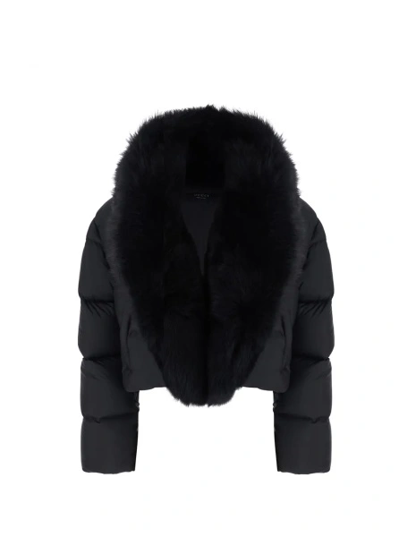 Geaca de Iarna Black Down jacket with applied fur on the front in Tech Fabric women