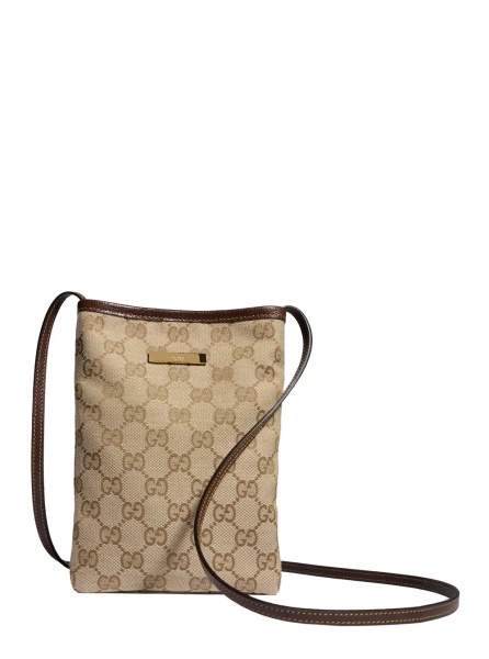 Geanta de mana Beige Cell Phone Pouch with Shoulder Strap and Logo Plate on the Front in GG Supreme Canvas and Leather for Women
