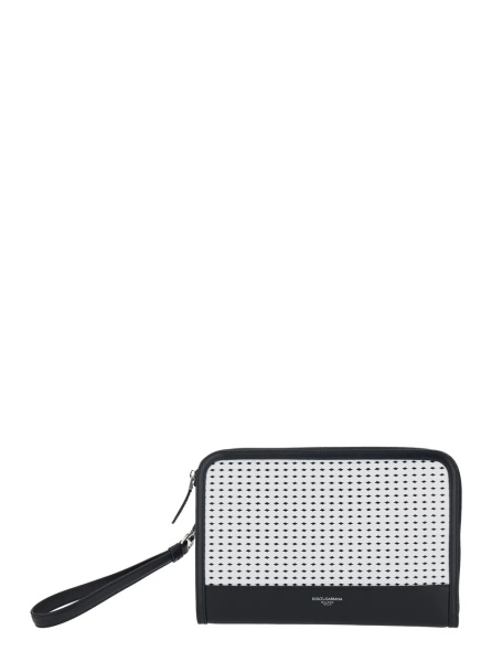 Geanta de mana Black Clutch with Removable Wrist Strap and Intreccio on the Front In Leather for Men