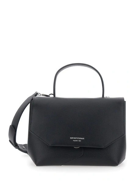 Geanta de mana Black handbag with adjustable and removable shoulder strap and logo lettering on the front in leather for women