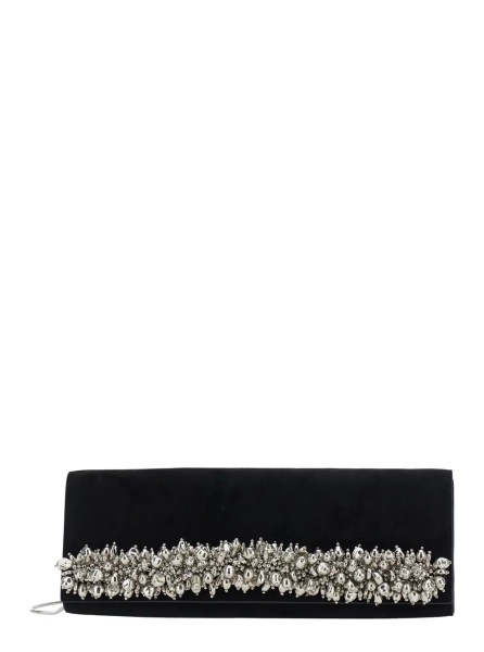Geanta de mana Black Pouch with Rhinestone Decorations and Chain-Link Shoulder Strap in Suede for Women