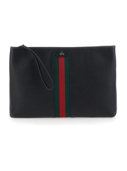 Geanta de mana Black pouch with wrist strap and Web detail in leather for men