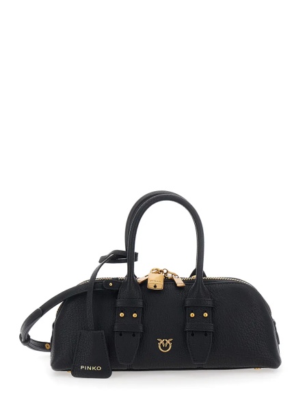 Geanta de mana 'Bowling Horizontal' black Handbag with adjustable and removable shoulder strap and Love Birds plaque on the front in Grained leather for women