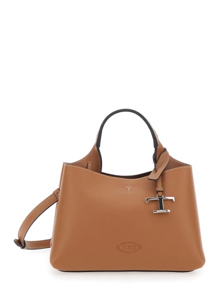 Geanta de mana Brown Handbag with adjustable and removable shoulder strap and T plaque pendant on the front in grained leather for women