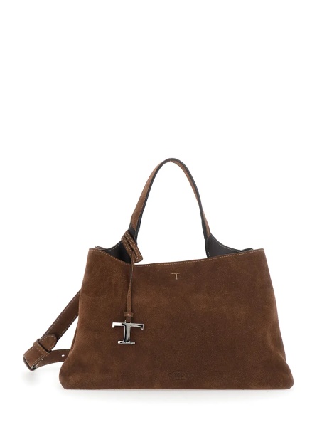 Geanta de mana Brown Handbag with Adjustable and Removable Shoulder Strap and T Plaque on the Front in Suede for Women